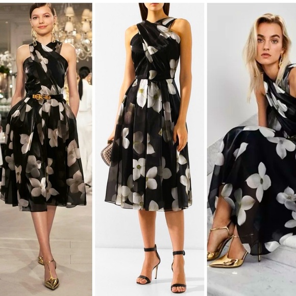 Ralph Lauren Collection Purple Label Floral Silk Cocktail Midi Dress Fit & Flare - Picture 1 of 11